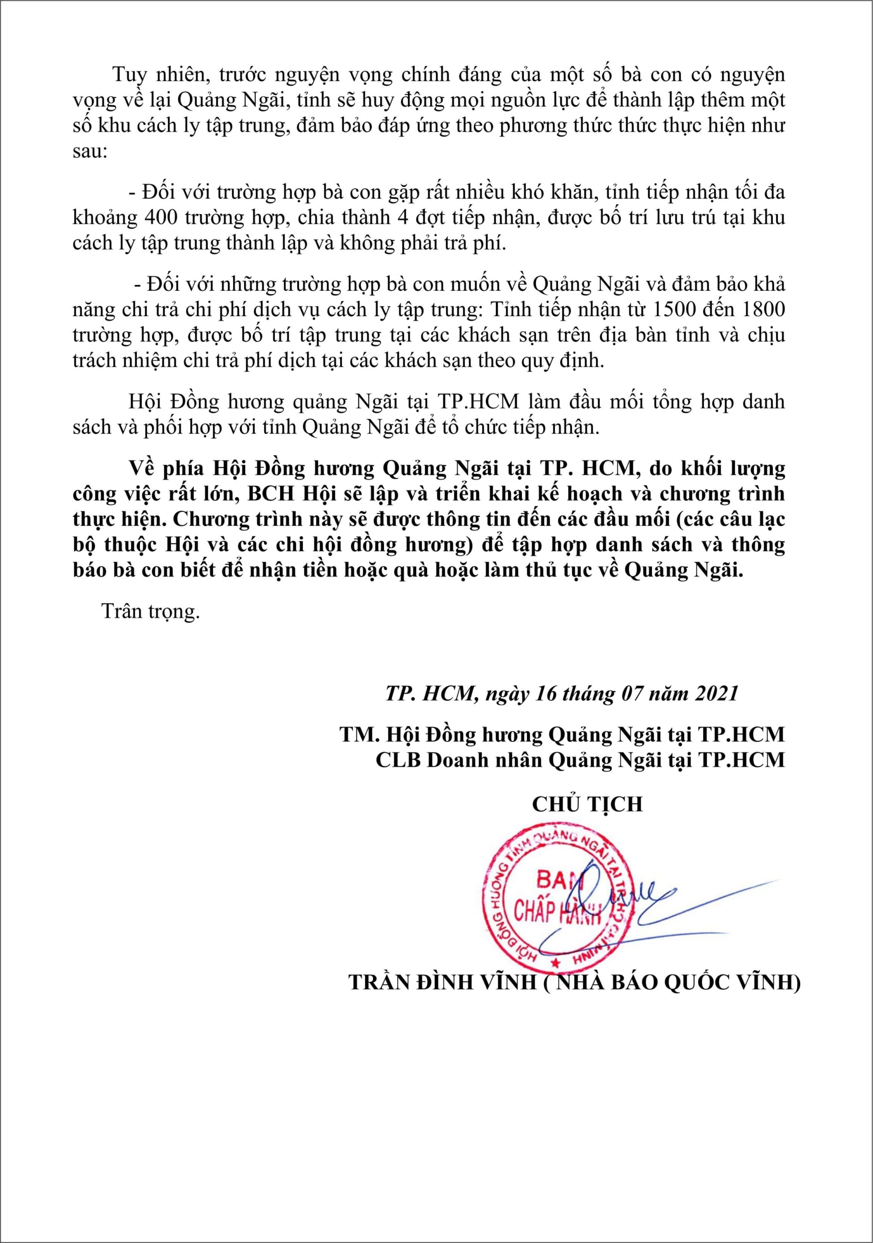 Thông tin về việc hỗ trợ cho bà con Quảng Ngãi tại TpHCM 