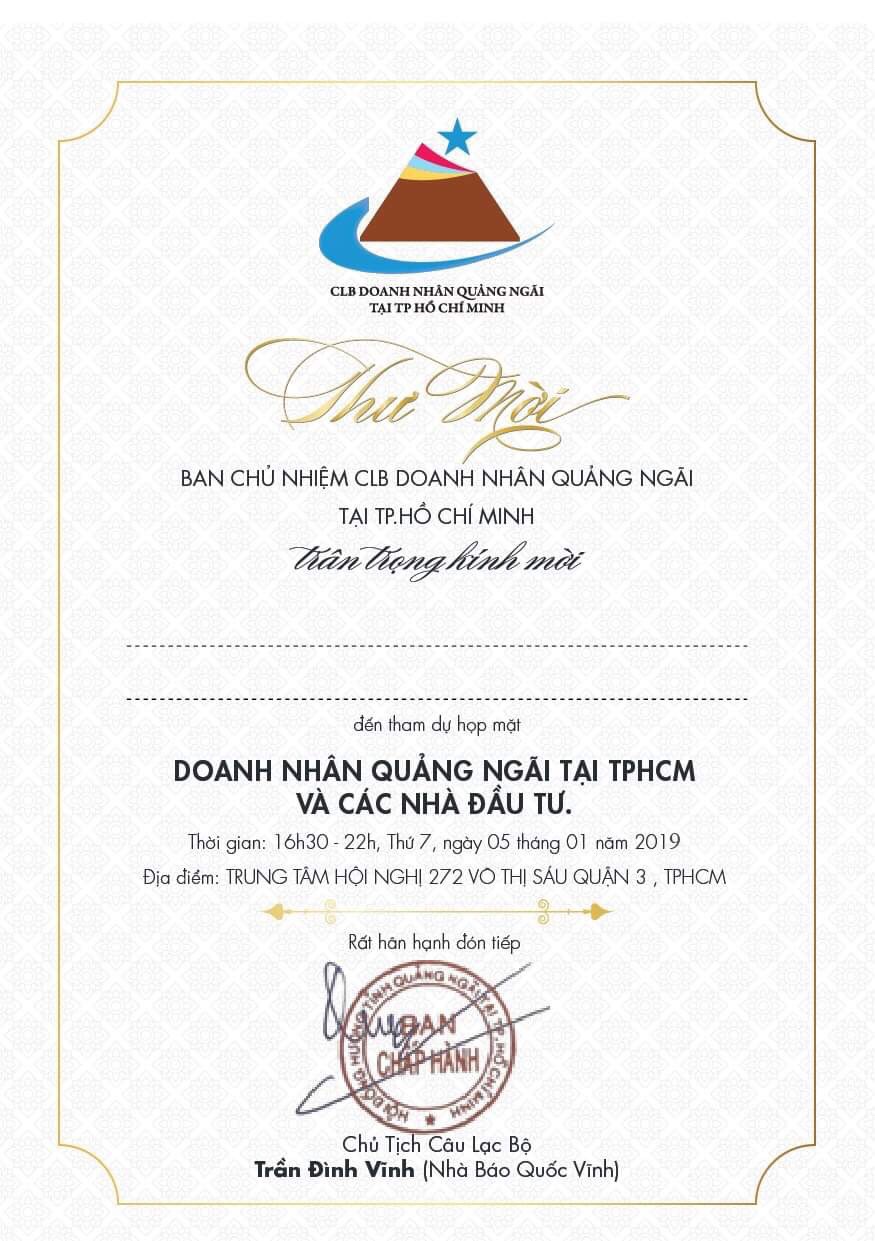 Thư mời họp mặt doanh nhân Quảng Ngãi lần IX và các nhà đầu tư