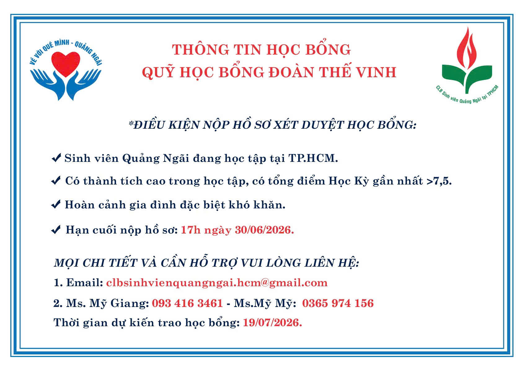 Thông tin Học bổng Đoàn Thế Vinh Tháng 7/2026 Clb Sinh viên Quảng Ngãi tại TpHCM Thông tin Học bổng Đoàn Thế Vinh Tháng 7/2026 Clb Sinh viên Quảng Ngãi tại TpHCM